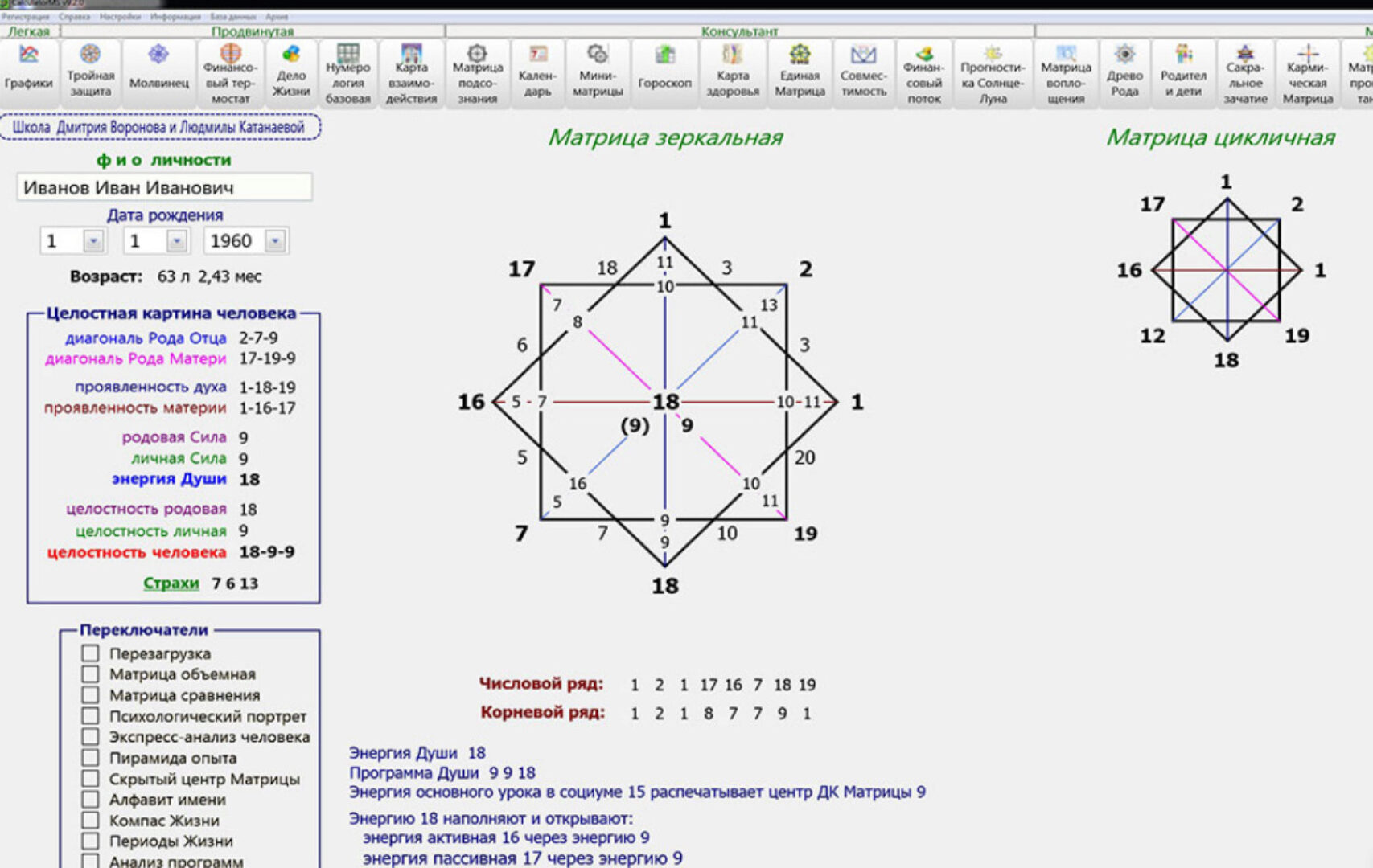 Программа Калькулятор: Зеркальная Матрицы Судьбы и Нео-Нумерология. Версия 9.20.0 Версия Консультант (Дмитрий Воронов)