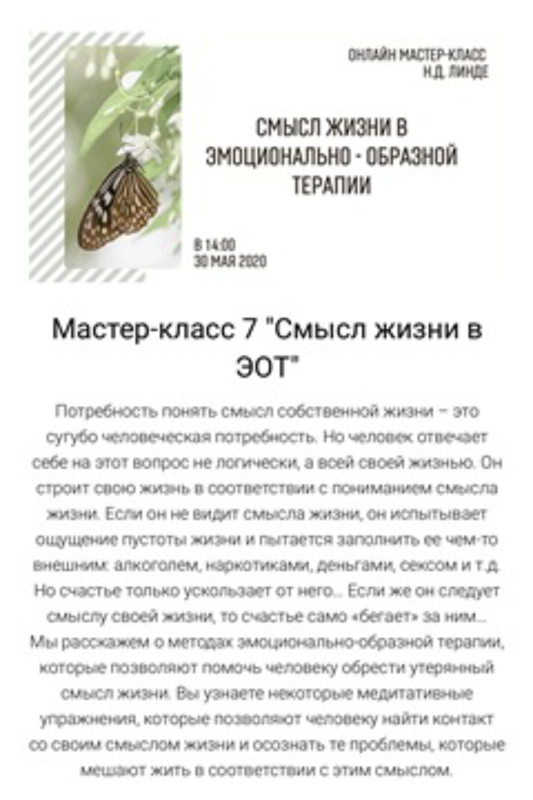 Смысл жизни в Эмоционально-Образной Терапии (Николай Линде)