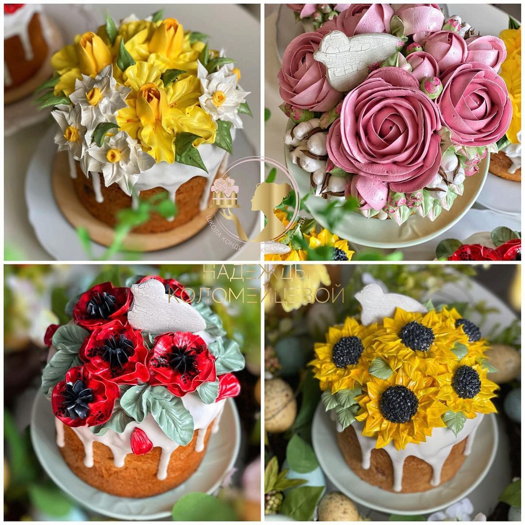 Кружевной кулич с цветами и пряничными голубями (Надежда Коломейцева)