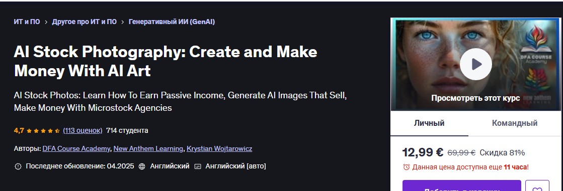 [Udemy] AI Stock Photography. Создавайте и зарабатывайте деньги с помощью искусственного интеллекта (Krystian Wojtarowiks)