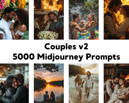 [ChillaxDesignsArt] 5000 промптов для создания изображений влюбленных пар в Midjourney для открыток, принтов и постеров