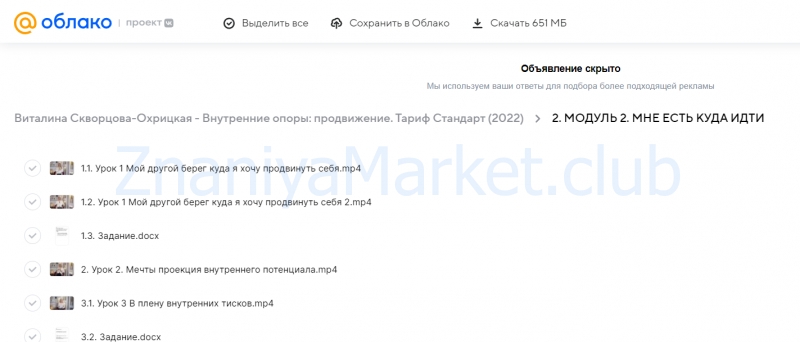 Внутренние опоры: продвижение. Тариф Стандарт (Виталина Скворцова-Охрицкая) скрин на облаке, фото 2 из 2.